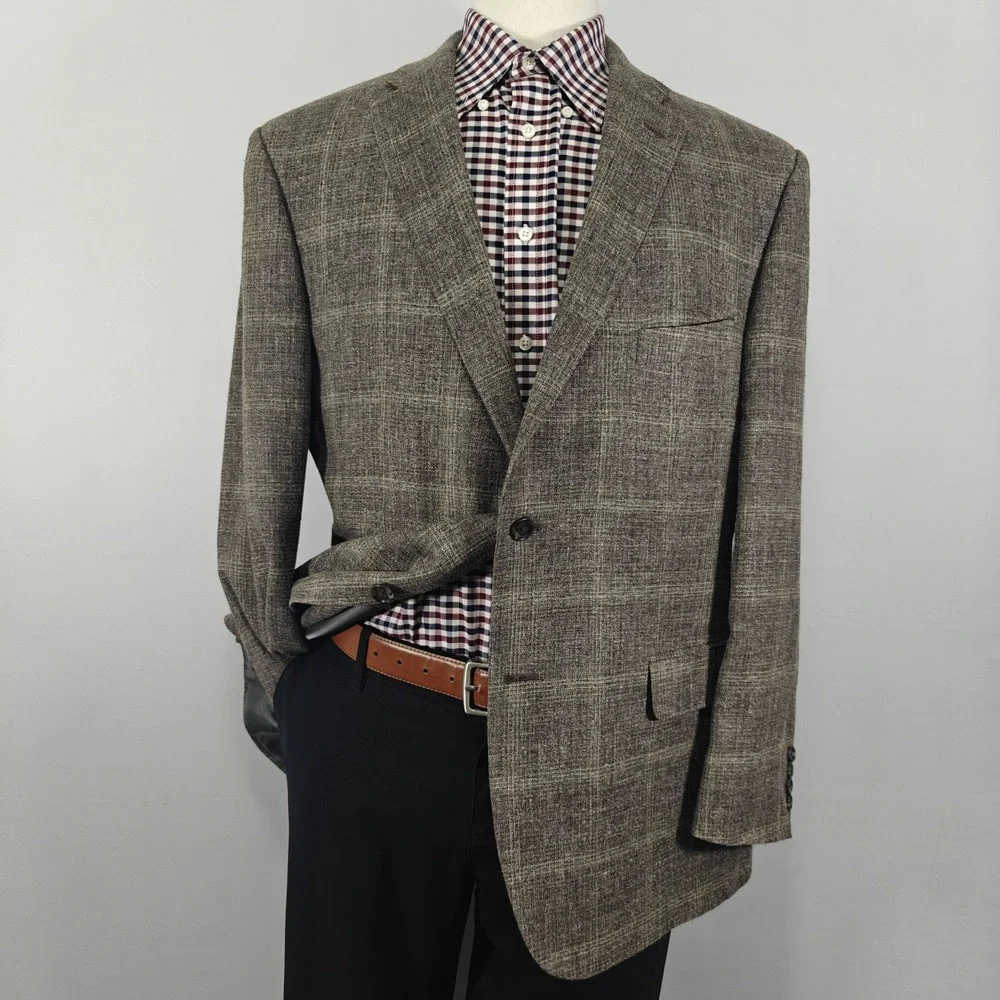JOS A BANK Reserve Men's Sport Coat Brown Plaid Wool Silk Linen E.THOMAS 46R